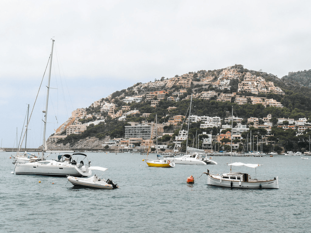 Segelurlaub auf den Balearen mit GlobeSailor. Mehrere Yachten und Segelboote liegen vor Anker in einer geschützten Bucht auf Mallorca. Die mediterrane Küstenlandschaft und die exklusiven Häuser am Hang machen die Region zu einem beliebten Ziel für Yachtcharter, Segelreisen und Katamaran-Törns im Mittelmeer.