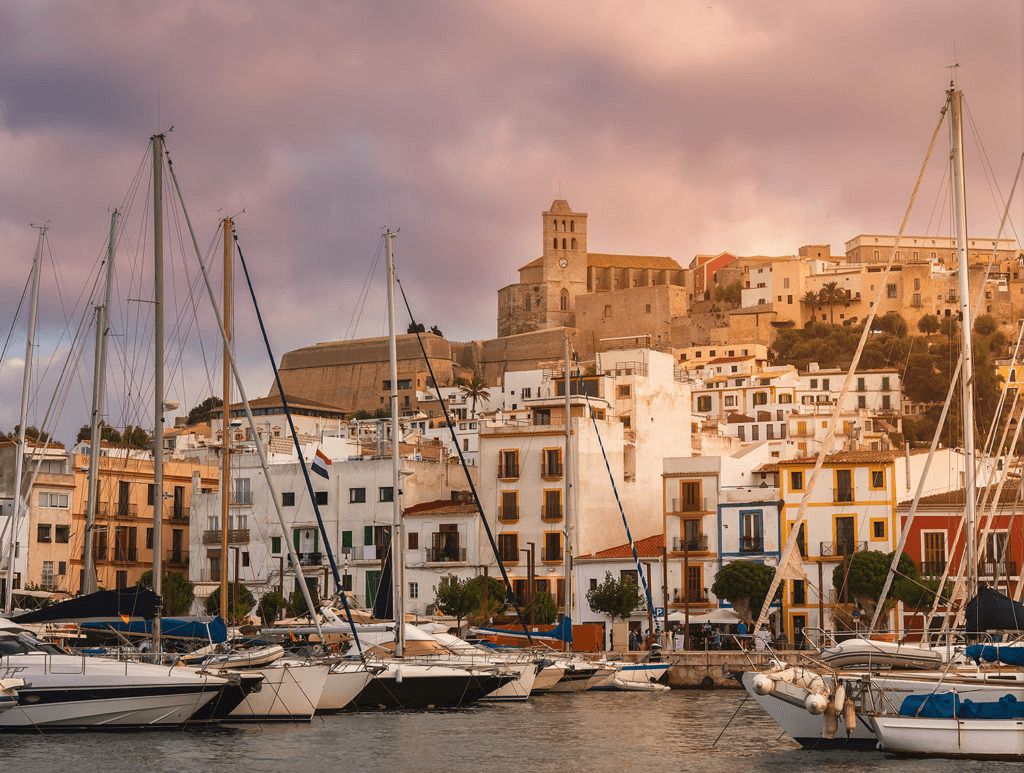 Hafen von Ibiza-Stadt mit luxuriösen Yachten, historischer Altstadt Dalt Vila und mediterranem Flair. Beliebtes Ziel für Segelreisen und Yachtcharter auf den Balearen mit GlobeSailor.