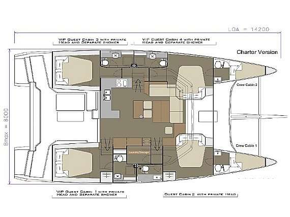 Layout of the boat Dufour 48 Catamaran