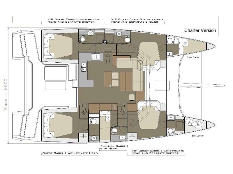 Layout of the boat Dufour 48 Catamaran