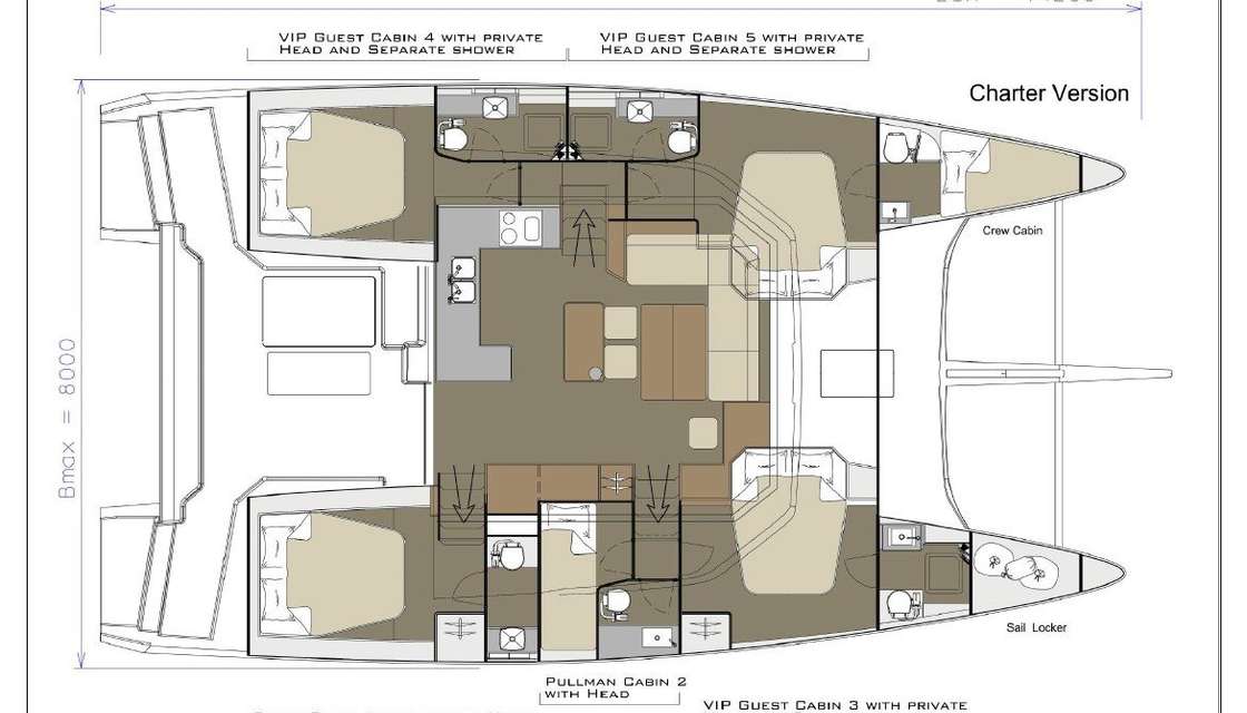 Layout of the boat Dufour 48 Catamaran